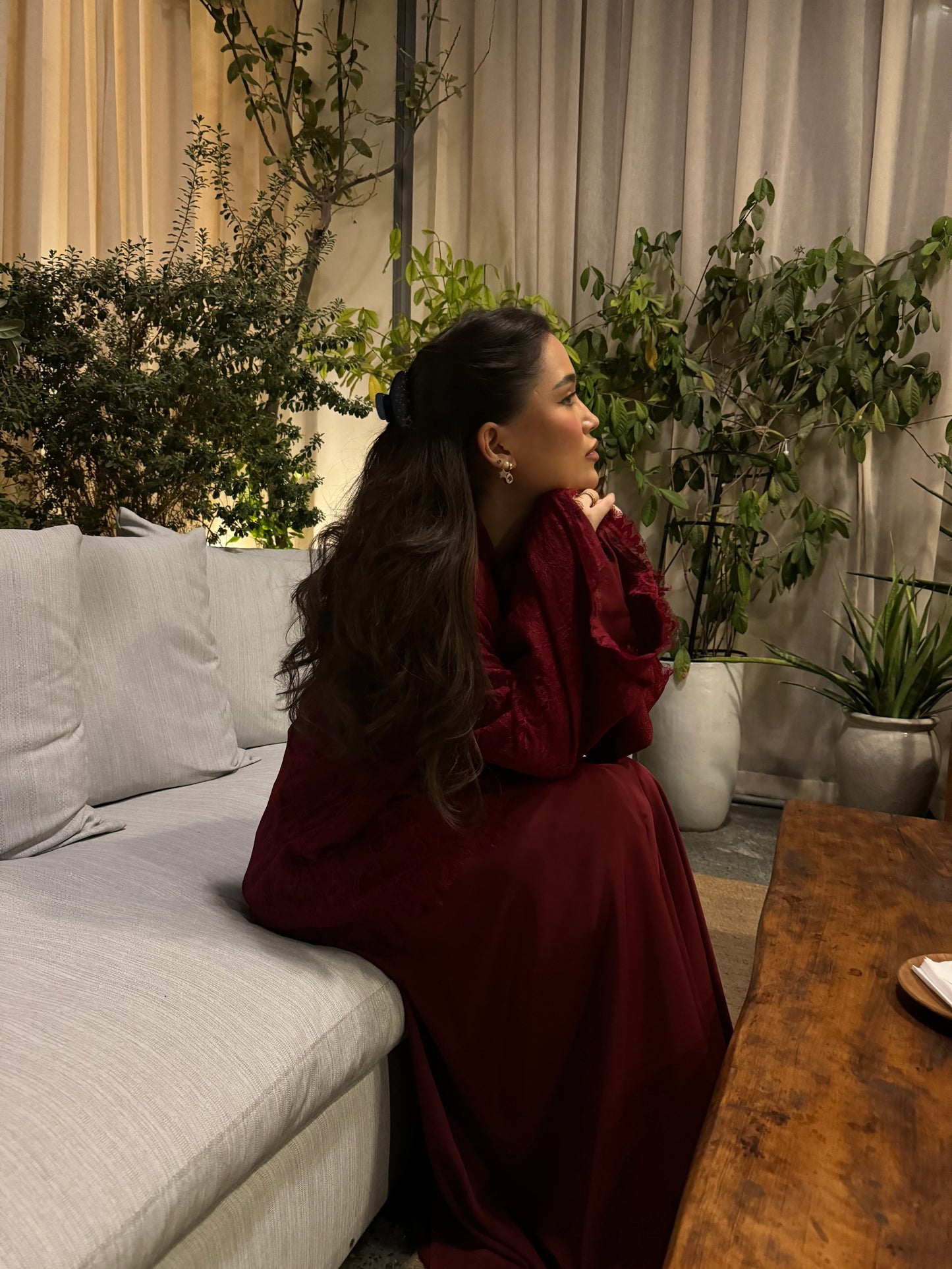 The maroon lace abaya