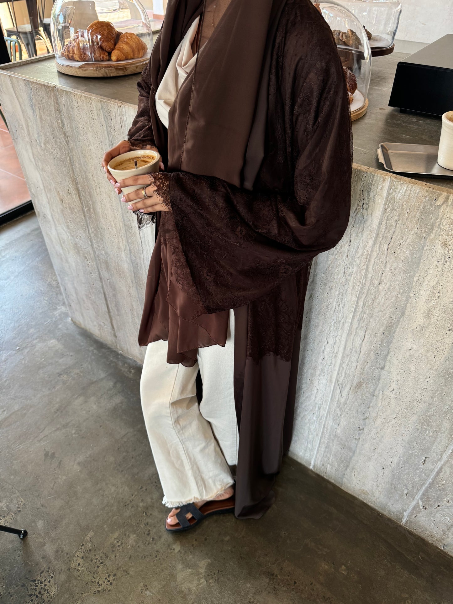 Brown lace abaya RTW